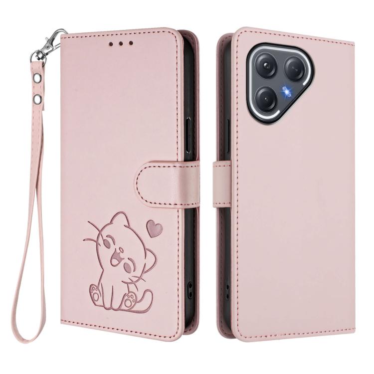 Embossed Heart Cat Leather Phone Case with Hand Strap, For Tecno Pova 7 Pro 5G, For Tecno Pova 7 5G 2025, For Tecno Spark 40 Pro+ 4G, For Tecno Spark 40 Pro 4G