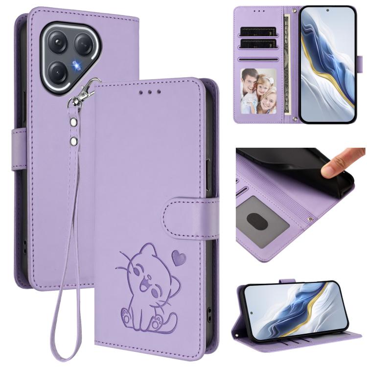 Embossed Heart Cat Leather Phone Case with Hand Strap, For Tecno Pova 7 Pro 5G, For Tecno Pova 7 5G 2025, For Tecno Spark 40 Pro+ 4G, For Tecno Spark 40 Pro 4G