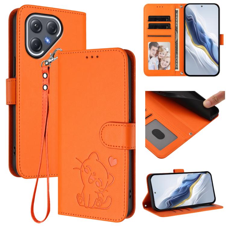 Embossed Heart Cat Leather Phone Case with Hand Strap, For Tecno Pova 7 Pro 5G, For Tecno Pova 7 5G 2025, For Tecno Spark 40 Pro+ 4G, For Tecno Spark 40 Pro 4G