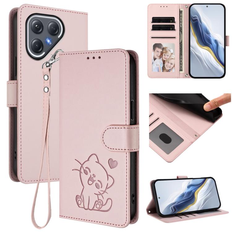 Embossed Heart Cat Leather Phone Case with Hand Strap, For Tecno Spark 40 4G, For Tecno Pova 7 Ultra 5G, For Tecno Pova 7 4G / 7 Neo, For Tecno Spark Go 1 / Pop 9