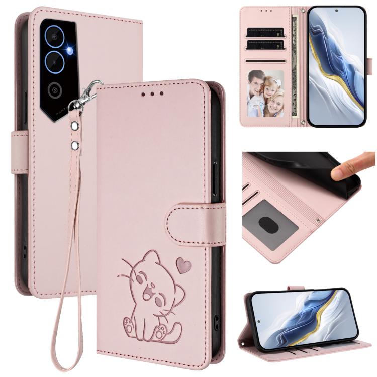 Embossed Heart Cat Leather Phone Case with Hand Strap, For Tecno Pova Neo 2, For Tecno Spark Go 2022 / 9 / 8C, For Tecno Spark 9T / 9 Pro, For Tecno Pova 3