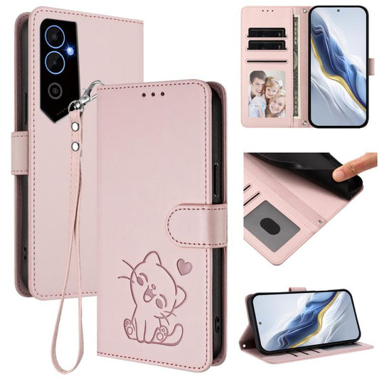 Embossed Heart Cat Leather Phone Case with Hand Strap, For Tecno Pova Neo 2, For Tecno Spark Go 2022 / 9 / 8C, For Tecno Spark 9T / 9 Pro, For Tecno Pova 3