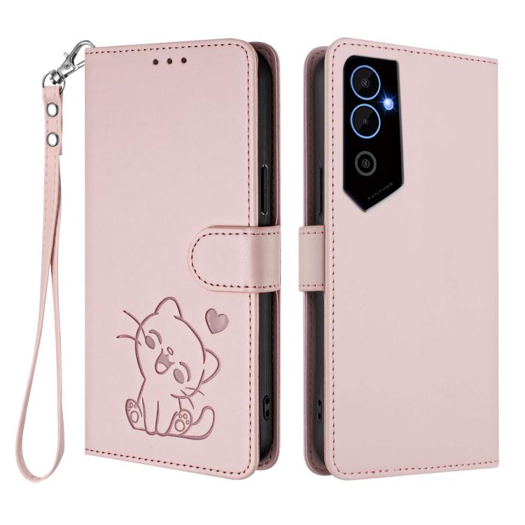 Embossed Heart Cat Leather Phone Case with Hand Strap, For Tecno Pova Neo 2, For Tecno Spark Go 2022 / 9 / 8C, For Tecno Spark 9T / 9 Pro, For Tecno Pova 3