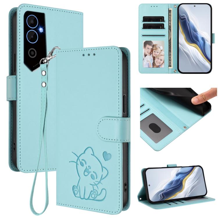 Embossed Heart Cat Leather Phone Case with Hand Strap, For Tecno Pova Neo 2, For Tecno Spark Go 2022 / 9 / 8C, For Tecno Spark 9T / 9 Pro, For Tecno Pova 3