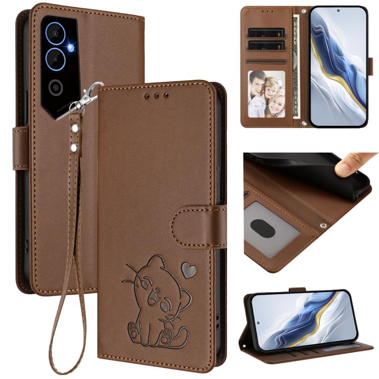 Embossed Heart Cat Leather Phone Case with Hand Strap, For Tecno Pova Neo 2, For Tecno Spark Go 2022 / 9 / 8C, For Tecno Spark 9T / 9 Pro, For Tecno Pova 3