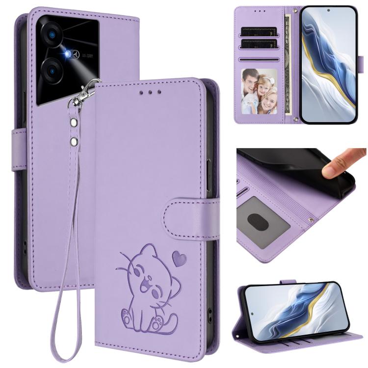 Embossed Heart Cat Leather Phone Case with Hand Strap, For Tecno Pova 5 Pro, For Tecno Pova Neo 3, For Tecno Pova 5 4G, For Tecno Camon 20 Premier 5G