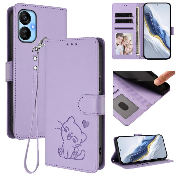 Embossed Heart Cat Leather Phone Case with Hand Strap, For Tecno Pova Neo 2, For Tecno Spark Go 2022 / 9 / 8C, For Tecno Spark 9T / 9 Pro, For Tecno Pova 3