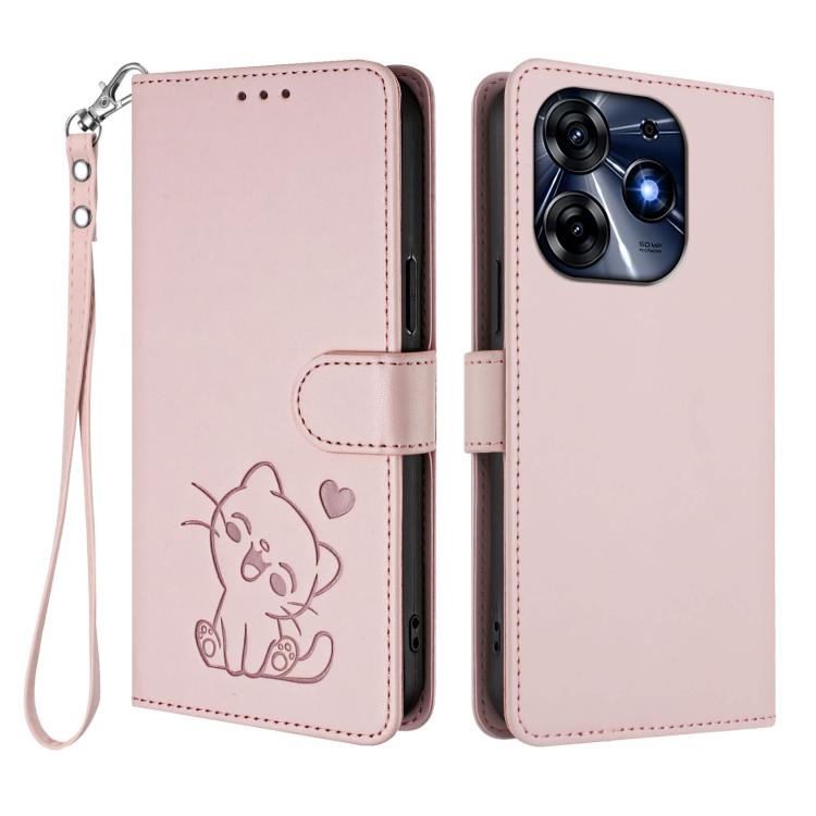 Embossed Heart Cat Leather Phone Case with Hand Strap, For Tecno Spark 10 Pro 4G / K17 4G, For Tecno Camon 19 / 19 Pro 5G, For Tecno Pova 4 Pro, For Tecno Pova 4