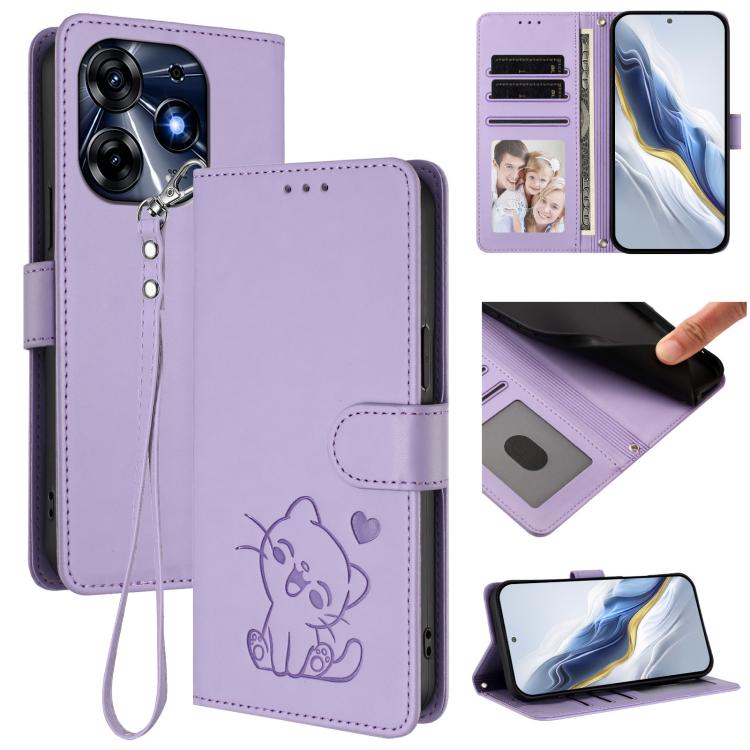 Embossed Heart Cat Leather Phone Case with Hand Strap, For Tecno Spark 10 Pro 4G / K17 4G, For Tecno Camon 19 / 19 Pro 5G, For Tecno Pova 4 Pro, For Tecno Pova 4