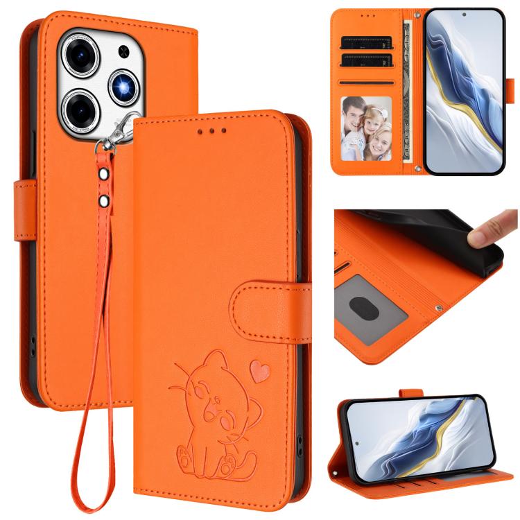 Embossed Heart Cat Leather Phone Case with Hand Strap, For Tecno Pop 6C / A18, For Tecno Spark 10 Pro Magic Magenta, For Tecno Pova 6 4G, For Tecno Camon 30 Pro