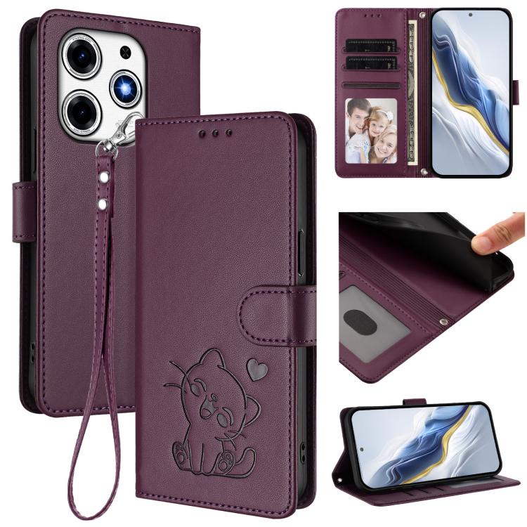 Embossed Heart Cat Leather Phone Case with Hand Strap, For Tecno Pop 6C / A18, For Tecno Spark 10 Pro Magic Magenta, For Tecno Pova 6 4G, For Tecno Camon 30 Pro