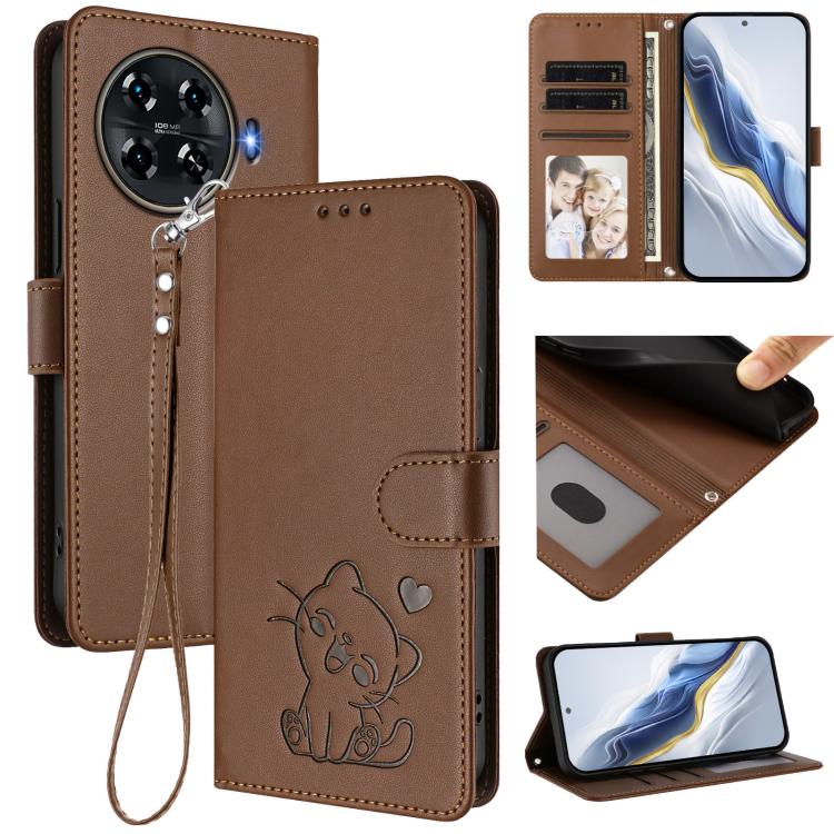 Embossed Heart Cat Leather Phone Case with Hand Strap, For Tecno Camon 30 Premier 5G, For Tecno Camon 30 4G / 5G, For Tecno Pova 6 Pro 5G, For Tecno Spark 20 Pro+ 4G