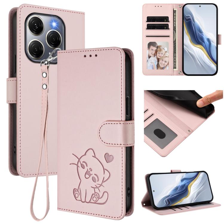 Embossed Heart Cat Leather Phone Case with Hand Strap, For Tecno Spark 30 4G, For Tecno Spark Go 5G 2025 / Hot 60i 5G, For Tecno Spark 30C 4G, For Tecno Spark 20 Pro 5G