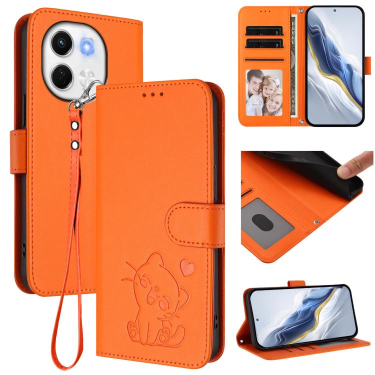 Embossed Heart Cat Leather Phone Case with Hand Strap, For Tecno Camon 30S / 30S Pro, For Tecno Pova 6 Neo 5G / Spark 30 5G, For Tecno Spark 30 5G / Pova 6 Neo 5G, For Tecno Spark 30 Pro 4G