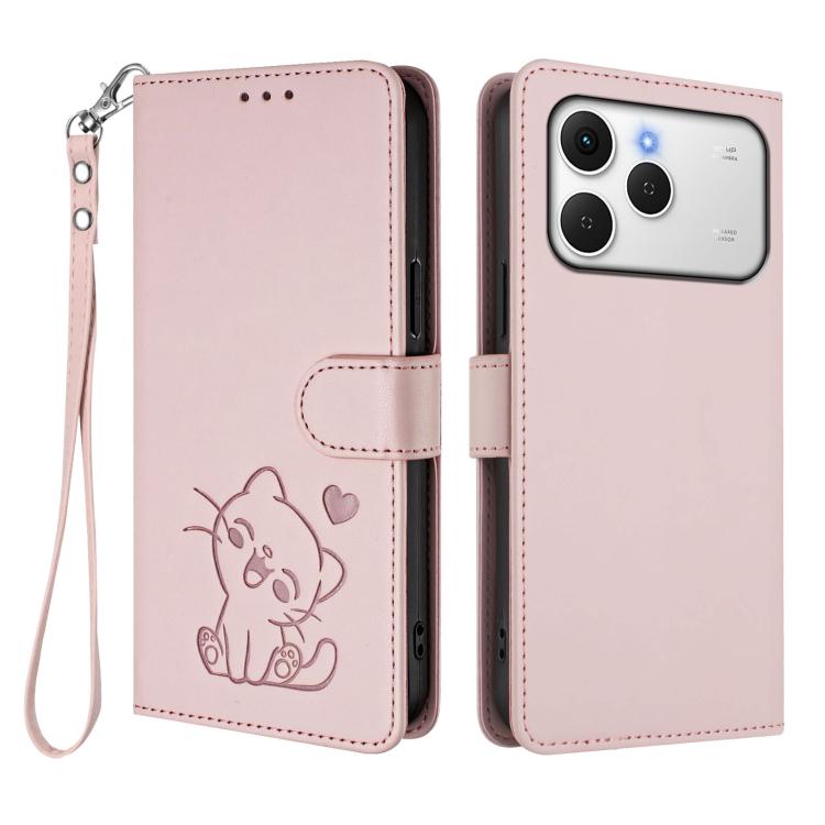 Embossed Heart Cat Leather Phone Case with Hand Strap, For Tecno Spark 40 4G, For Tecno Pova 7 Ultra 5G, For Tecno Pova 7 4G / 7 Neo, For Tecno Spark Go 1 / Pop 9