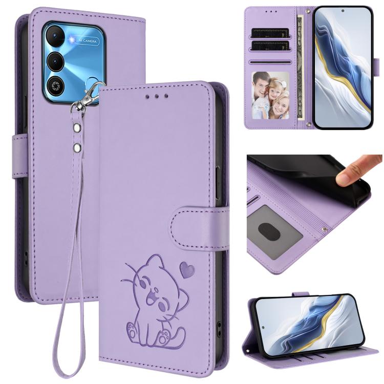 Embossed Heart Cat Leather Phone Case with Hand Strap, For Tecno Pova Neo 2, For Tecno Spark Go 2022 / 9 / 8C, For Tecno Spark 9T / 9 Pro, For Tecno Pova 3
