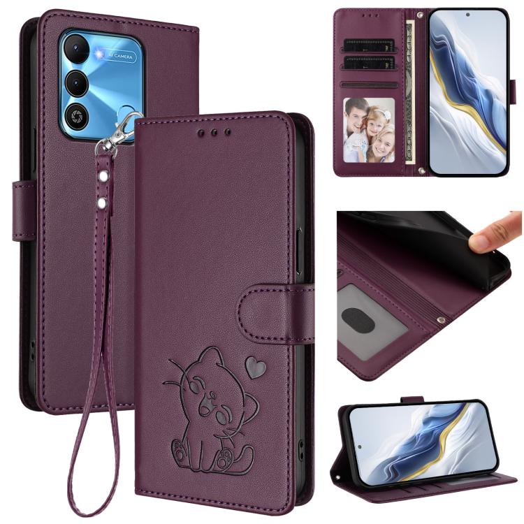 Embossed Heart Cat Leather Phone Case with Hand Strap, For Tecno Pova Neo 2, For Tecno Spark Go 2022 / 9 / 8C, For Tecno Spark 9T / 9 Pro, For Tecno Pova 3
