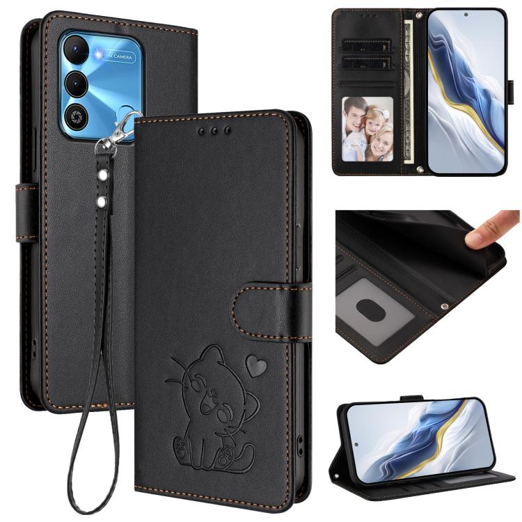 Embossed Heart Cat Leather Phone Case with Hand Strap, For Tecno Pova Neo 2, For Tecno Spark Go 2022 / 9 / 8C, For Tecno Spark 9T / 9 Pro, For Tecno Pova 3
