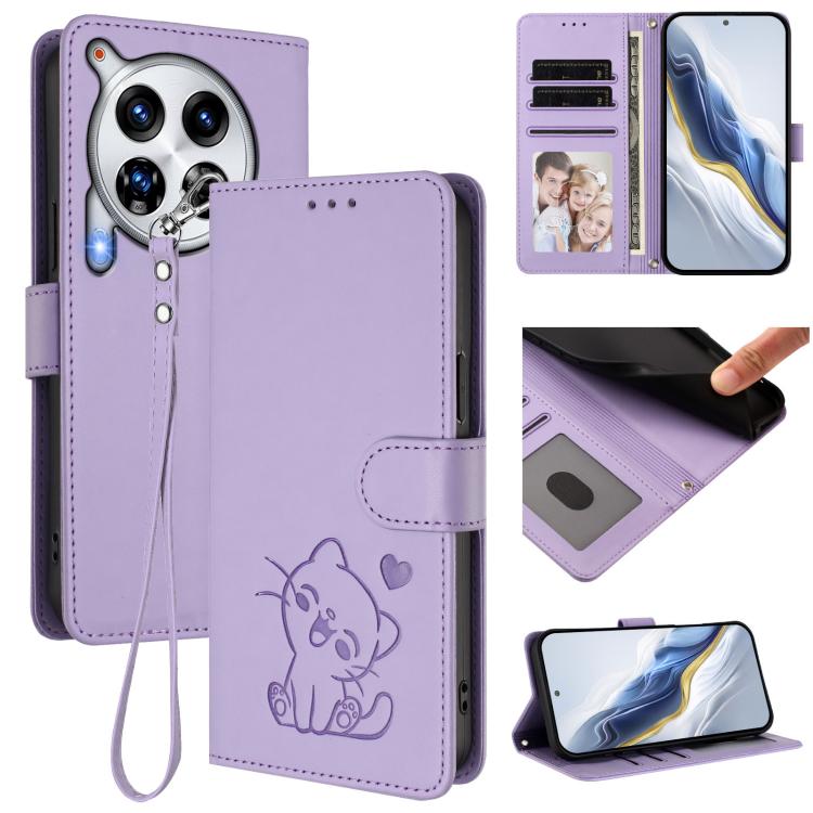 Embossed Heart Cat Leather Phone Case with Hand Strap, For Tecno Camon 30 Premier 5G, For Tecno Camon 30 4G / 5G, For Tecno Pova 6 Pro 5G, For Tecno Spark 20 Pro+ 4G