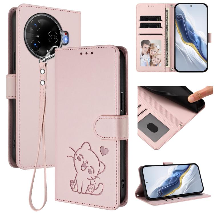 Embossed Heart Cat Leather Phone Case with Hand Strap, For Tecno Pop 6C / A18, For Tecno Spark 10 Pro Magic Magenta, For Tecno Pova 6 4G, For Tecno Camon 30 Pro