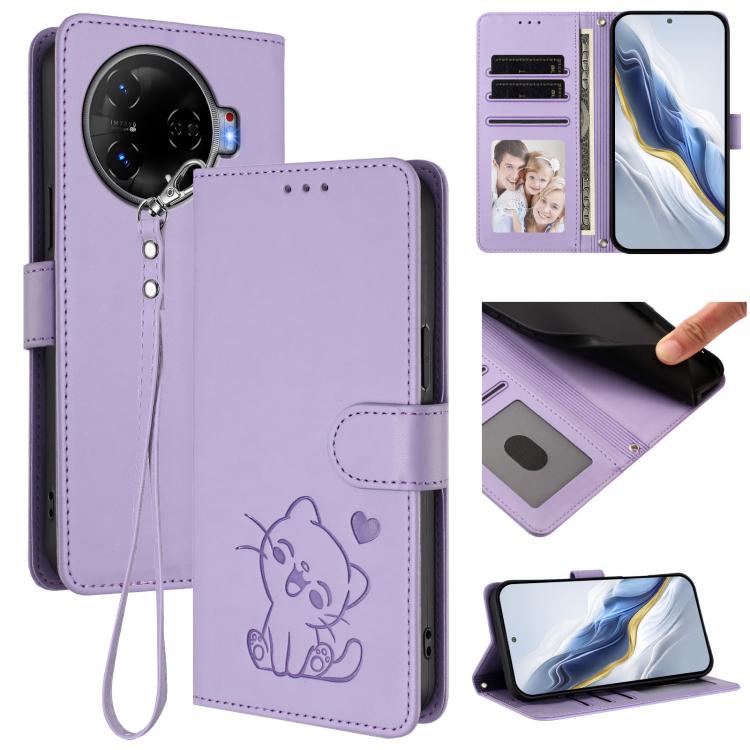 Embossed Heart Cat Leather Phone Case with Hand Strap, For Tecno Pop 6C / A18, For Tecno Spark 10 Pro Magic Magenta, For Tecno Pova 6 4G, For Tecno Camon 30 Pro