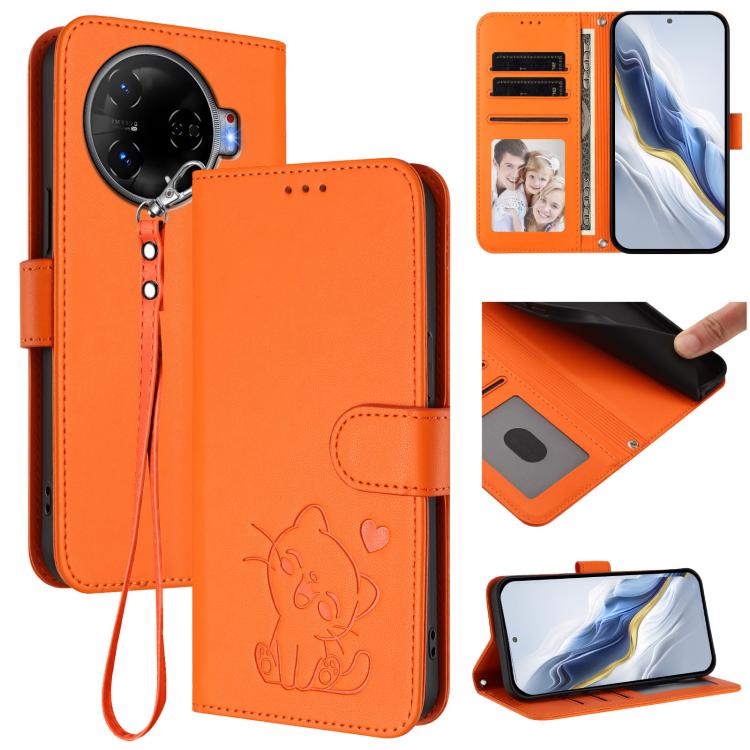 Embossed Heart Cat Leather Phone Case with Hand Strap, For Tecno Pop 6C / A18, For Tecno Spark 10 Pro Magic Magenta, For Tecno Pova 6 4G, For Tecno Camon 30 Pro