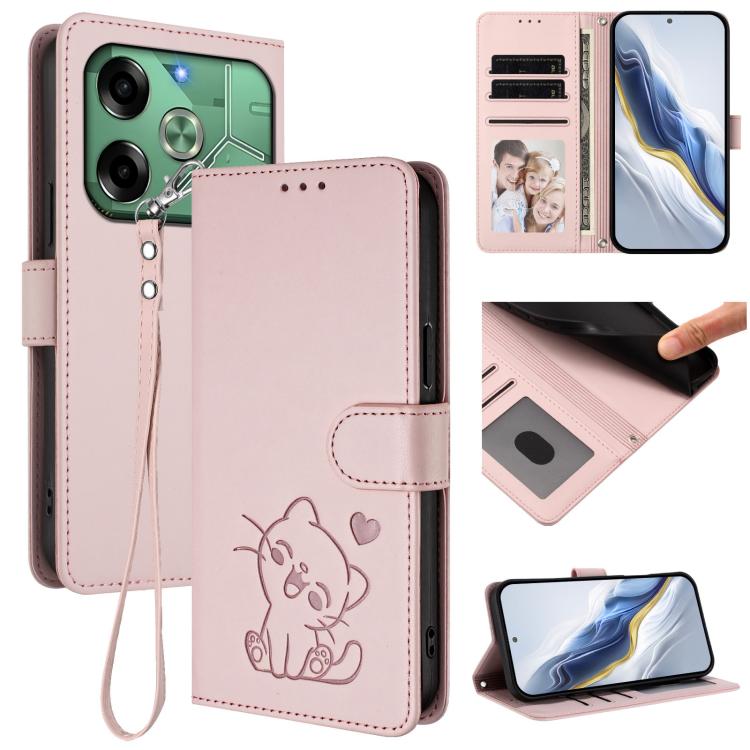 Embossed Heart Cat Leather Phone Case with Hand Strap, For Tecno Pop 6C / A18, For Tecno Spark 10 Pro Magic Magenta, For Tecno Pova 6 4G, For Tecno Camon 30 Pro