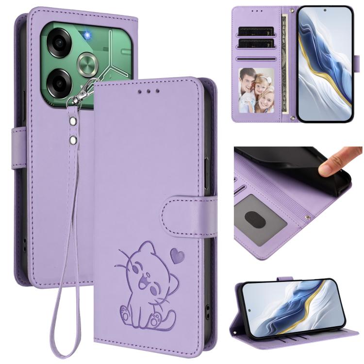 Embossed Heart Cat Leather Phone Case with Hand Strap, For Tecno Pop 6C / A18, For Tecno Spark 10 Pro Magic Magenta, For Tecno Pova 6 4G, For Tecno Camon 30 Pro