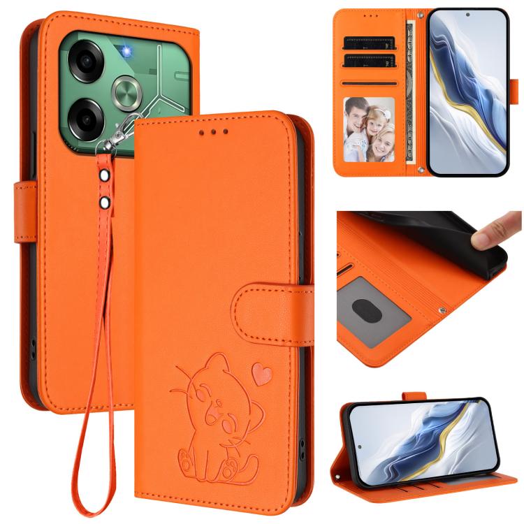 Embossed Heart Cat Leather Phone Case with Hand Strap, For Tecno Pop 6C / A18, For Tecno Spark 10 Pro Magic Magenta, For Tecno Pova 6 4G, For Tecno Camon 30 Pro