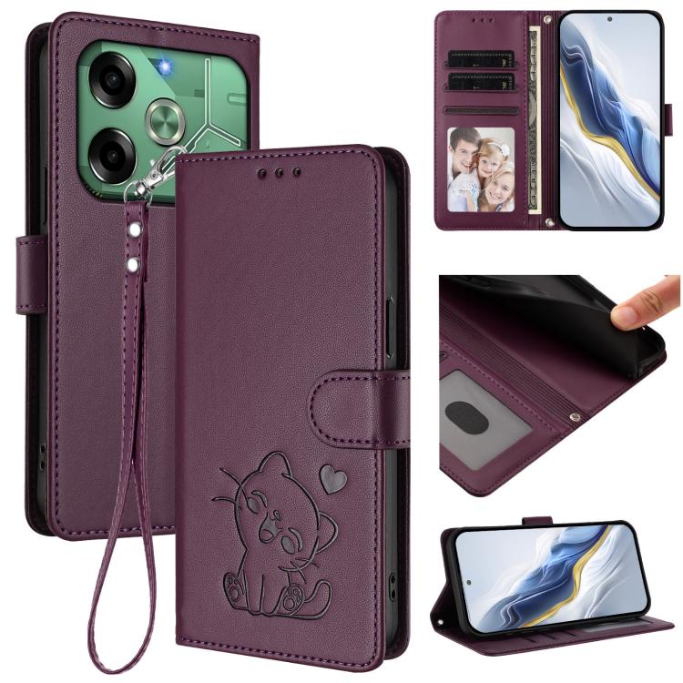 Embossed Heart Cat Leather Phone Case with Hand Strap, For Tecno Pop 6C / A18, For Tecno Spark 10 Pro Magic Magenta, For Tecno Pova 6 4G, For Tecno Camon 30 Pro