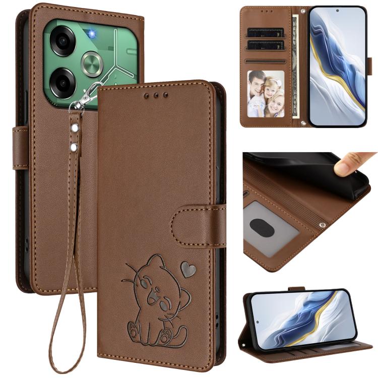 Embossed Heart Cat Leather Phone Case with Hand Strap, For Tecno Pop 6C / A18, For Tecno Spark 10 Pro Magic Magenta, For Tecno Pova 6 4G, For Tecno Camon 30 Pro