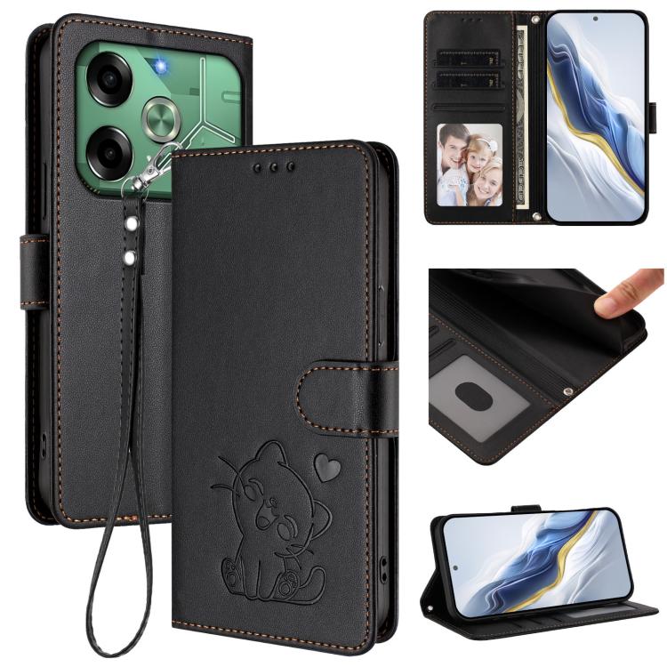 Embossed Heart Cat Leather Phone Case with Hand Strap, For Tecno Pop 6C / A18, For Tecno Spark 10 Pro Magic Magenta, For Tecno Pova 6 4G, For Tecno Camon 30 Pro