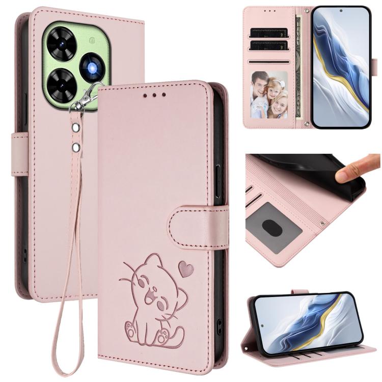 Embossed Heart Cat Leather Phone Case with Hand Strap, For Tecno Camon 50 Pro 4G, For Tecno Camon 50 4G, For Tecno Spark Go 2024 4G / 20C 4G, For Tecno Spark 40C