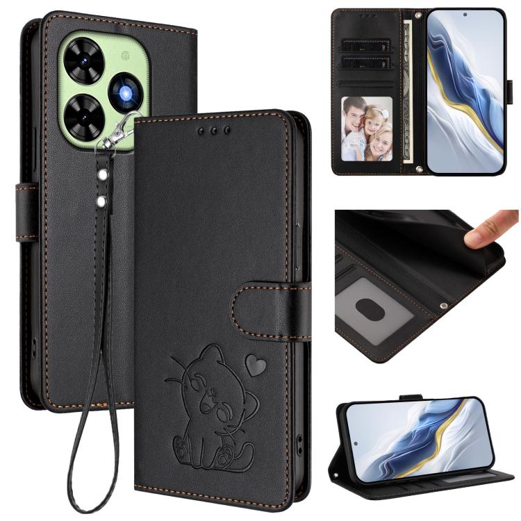 Embossed Heart Cat Leather Phone Case with Hand Strap, For Tecno Camon 50 Pro 4G, For Tecno Camon 50 4G, For Tecno Spark Go 2024 4G / 20C 4G, For Tecno Spark 40C
