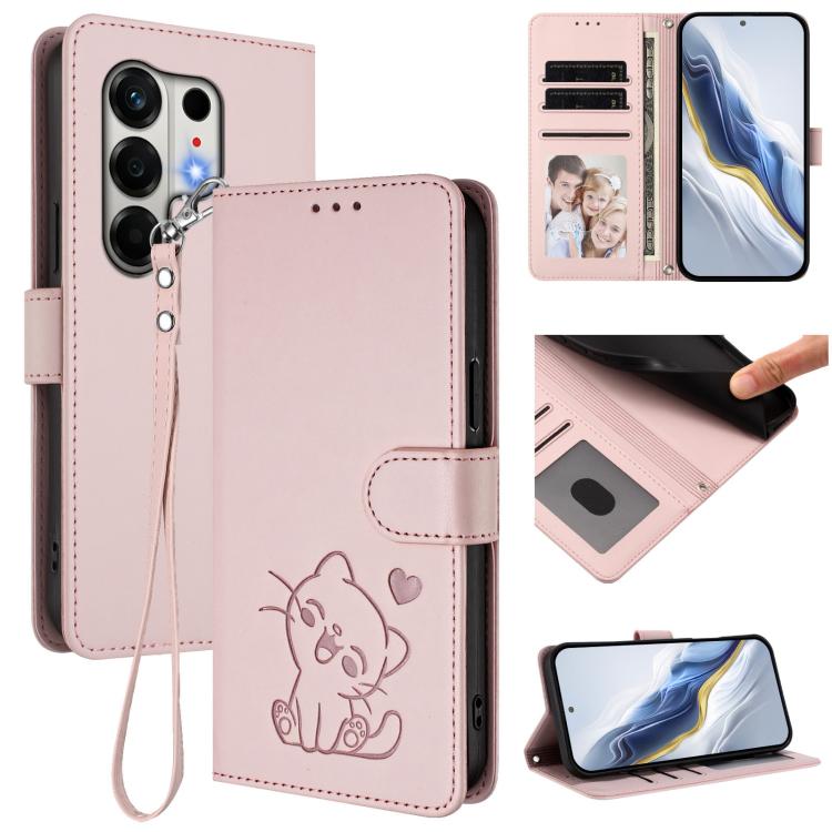 Embossed Heart Cat Leather Phone Case with Hand Strap, For Tecno Camon 50 Pro 4G, For Tecno Camon 50 4G, For Tecno Spark Go 2024 4G / 20C 4G, For Tecno Spark 40C