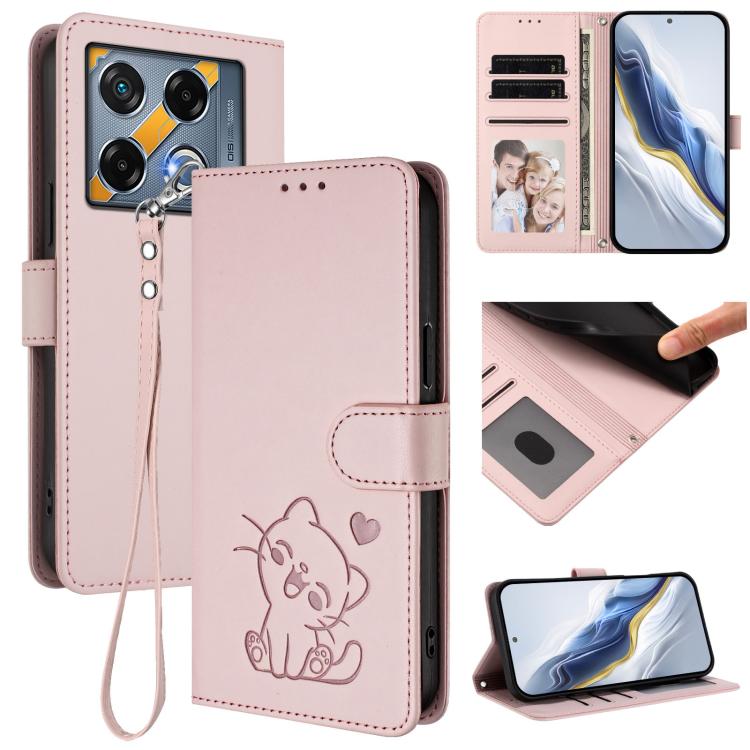 Embossed Heart Cat Leather Phone Case with Hand Strap, For Infinix Note 40 5G, For Infinix GT 20 Pro 5G, For Infinix Note 40 4G, For Infinix Hot 40 4G / 40 Pro 4G