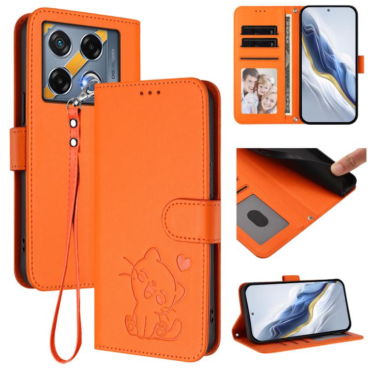 Embossed Heart Cat Leather Phone Case with Hand Strap, For Infinix Note 40 5G, For Infinix GT 20 Pro 5G, For Infinix Note 40 4G, For Infinix Hot 40 4G / 40 Pro 4G