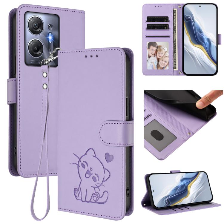 Embossed Heart Cat Leather Phone Case with Hand Strap, For Infinix Zero 30 4G, For Infinix Zero 30 5G, For Infinix Hot 30 5G, For Infinix Hot 30 Play 4G / NFC 4G