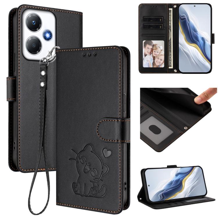 Embossed Heart Cat Leather Phone Case with Hand Strap, For Infinix Zero 30 4G, For Infinix Zero 30 5G, For Infinix Hot 30 5G, For Infinix Hot 30 Play 4G / NFC 4G