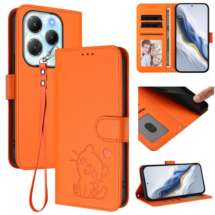 Embossed Heart Cat Leather Phone Case with Hand Strap, For Infinix Note 40 5G, For Infinix GT 20 Pro 5G, For Infinix Note 40 4G, For Infinix Hot 40 4G / 40 Pro 4G