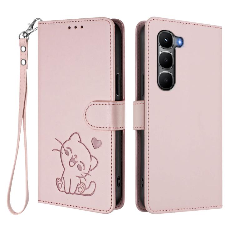 Embossed Heart Cat Leather Phone Case with Hand Strap, For Infinix Hot 60 4G / 60i 4G, For Infinix Hot 60 Pro+ 4G, For Infinix Hot 60 Pro 4G, For Infinix Smart 10 Plus 4G