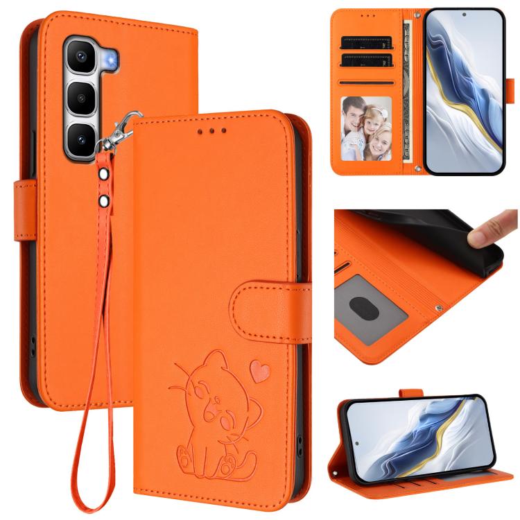 Embossed Heart Cat Leather Phone Case with Hand Strap, For Infinix Hot 60 4G / 60i 4G, For Infinix Hot 60 Pro+ 4G, For Infinix Hot 60 Pro 4G, For Infinix Smart 10 Plus 4G