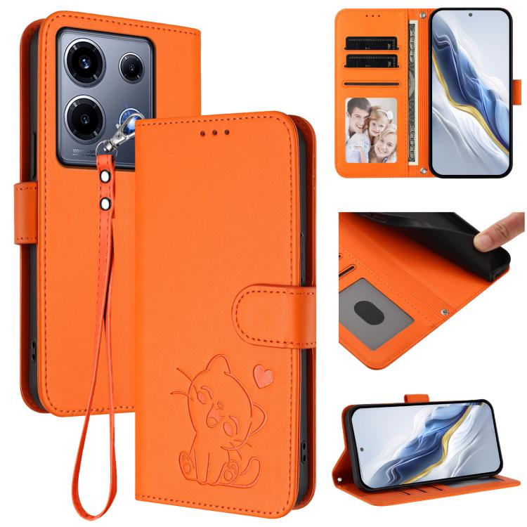 Embossed Heart Cat Leather Phone Case with Hand Strap, For Infinix Smart 7 Plus / 7 HD, For Infinix Note 30 4G / 5G, For Infinix Note 30 VIP, For Infinix Hot 30i / X669