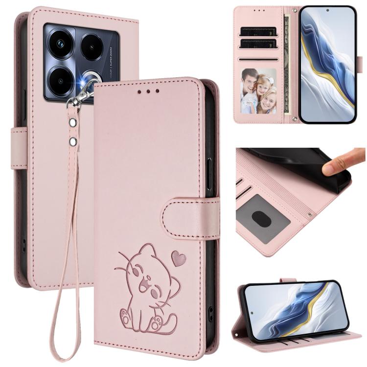 Embossed Heart Cat Leather Phone Case with Hand Strap, For Infinix Note 40 5G, For Infinix GT 20 Pro 5G, For Infinix Note 40 4G, For Infinix Hot 40 4G / 40 Pro 4G