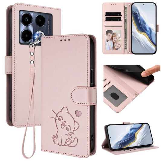 Embossed Heart Cat Leather Phone Case with Hand Strap, For Infinix Note 40 5G, For Infinix GT 20 Pro 5G, For Infinix Note 40 4G, For Infinix Hot 40 4G / 40 Pro 4G