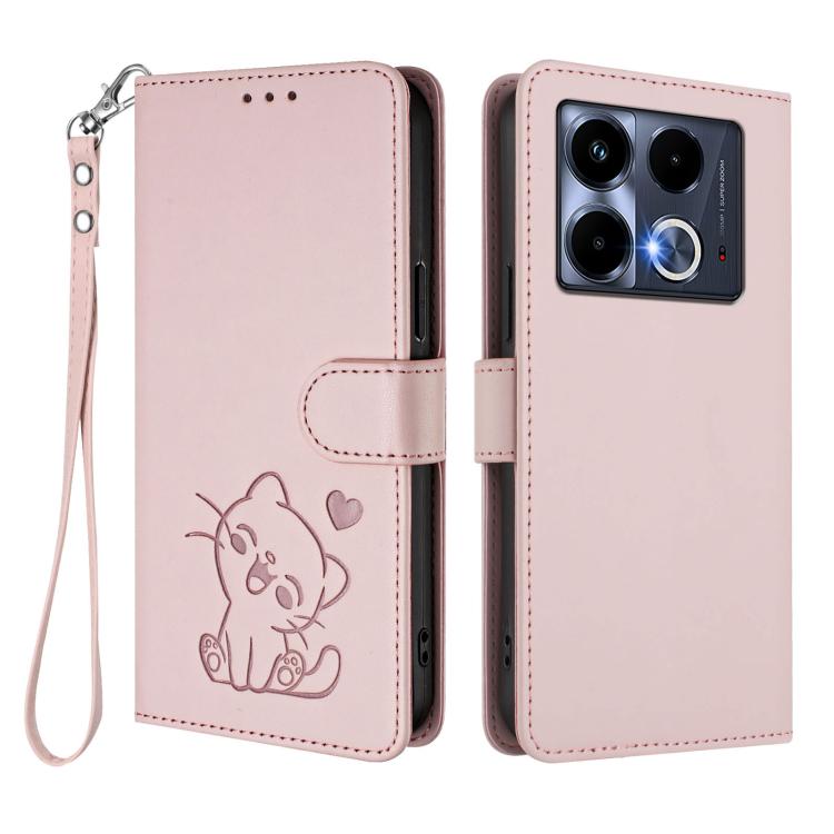 Embossed Heart Cat Leather Phone Case with Hand Strap, For Infinix Note 40 5G, For Infinix GT 20 Pro 5G, For Infinix Note 40 4G, For Infinix Hot 40 4G / 40 Pro 4G
