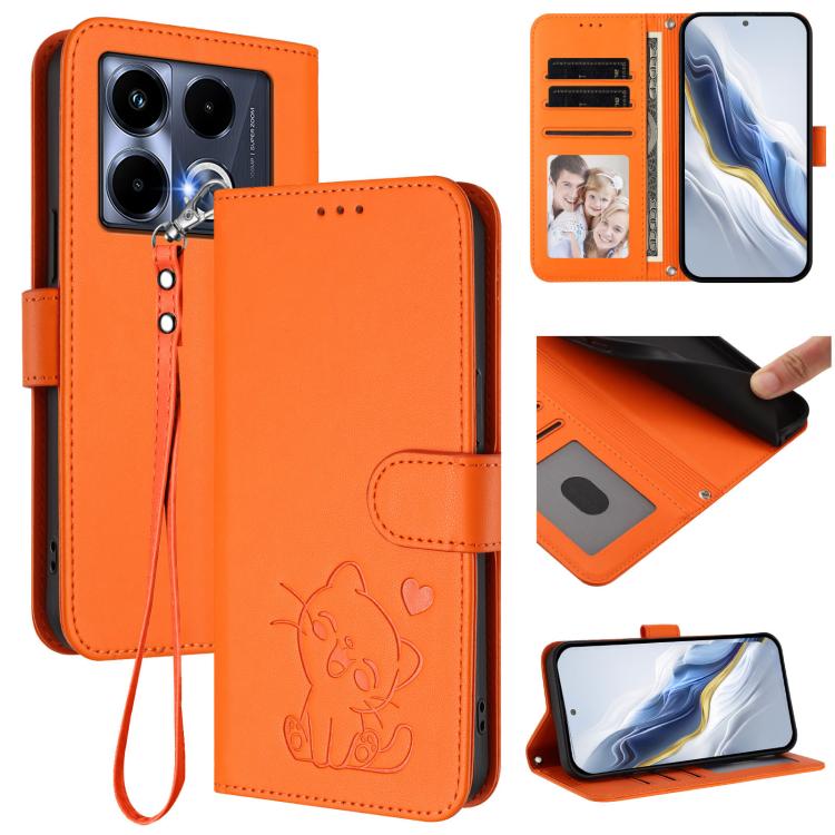 Embossed Heart Cat Leather Phone Case with Hand Strap, For Infinix Note 40 5G, For Infinix GT 20 Pro 5G, For Infinix Note 40 4G, For Infinix Hot 40 4G / 40 Pro 4G