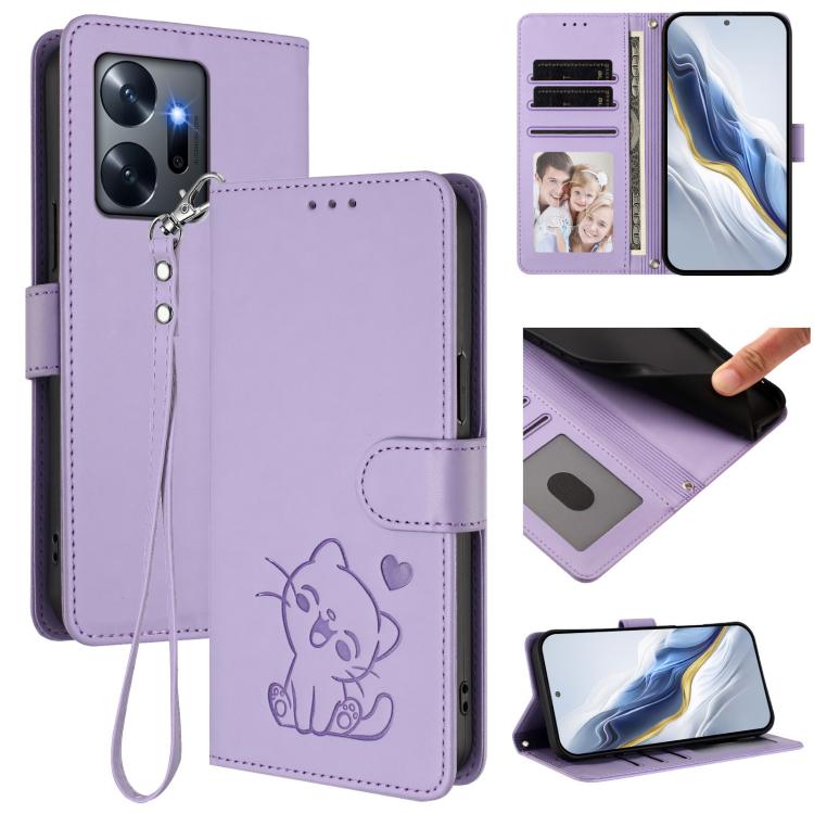Embossed Heart Cat Leather Phone Case with Hand Strap, For Infinix Zero 20, For Infinix Note 12 2023 / 12 Pro 4G, For Infinix Hot 12 Play