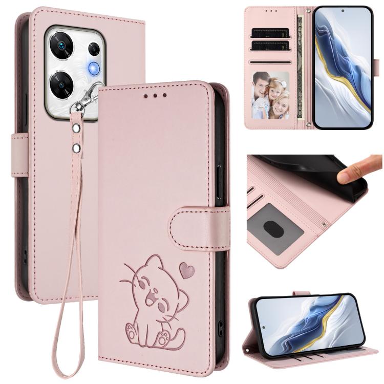 Embossed Heart Cat Leather Phone Case with Hand Strap, For Infinix Zero 30 4G, For Infinix Zero 30 5G, For Infinix Hot 30 5G, For Infinix Hot 30 Play 4G / NFC 4G