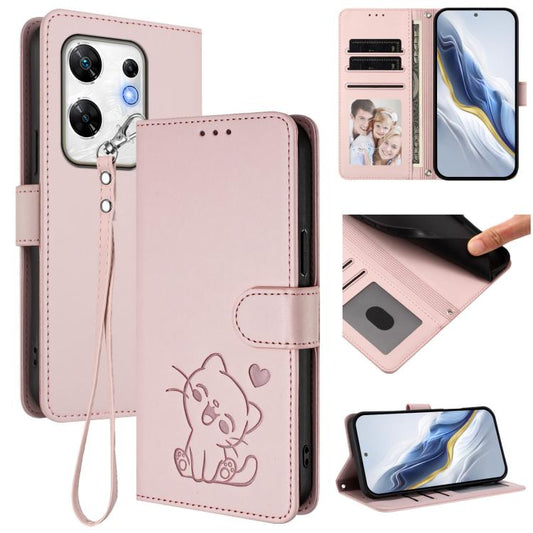 Embossed Heart Cat Leather Phone Case with Hand Strap, For Infinix Zero 30 4G, For Infinix Zero 30 5G, For Infinix Hot 30 5G, For Infinix Hot 30 Play 4G / NFC 4G